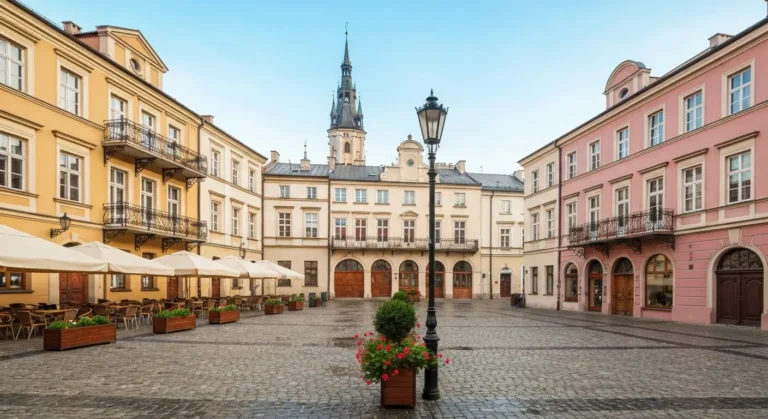 Brukowany rynek w Radomiu z odrestaurowanymi kamienicami i wieza ratusza o poranku