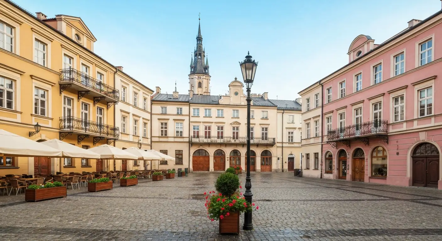 Brukowany rynek w Radomiu z odrestaurowanymi kamienicami i wieza ratusza o poranku