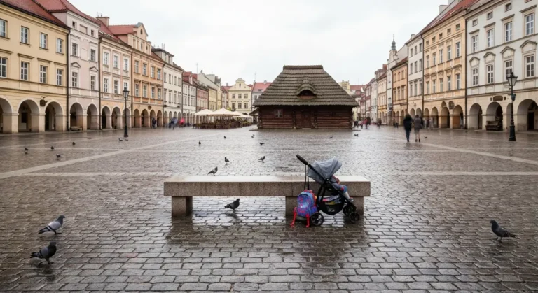 Radomski rynek z zabytkowymi kamienicami, wozek i plecak dziecka przy lawce, w tle drewniana chata skansenu