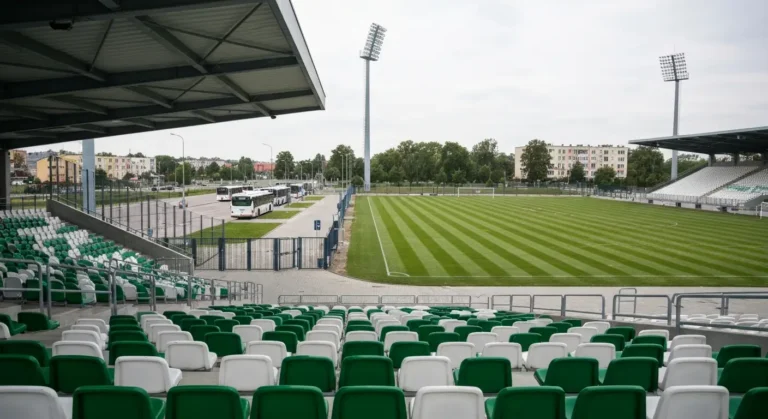 Puste trybuny i murawa stadionu pilkarskiego w Radomiu przed meczem, w tle maszt oswietleniowy i bramki wejsciowe