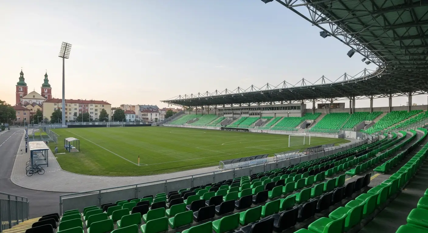 Pusta trybuna stadionu pilkarskiego w Radomiu z zielono-czarnymi krzeselkami i widokiem na murawe oraz dachy miasta