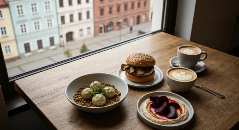 Roslinny obiad na drewnianym stole w radomskim bistro, w tle rozmyte kamienice
