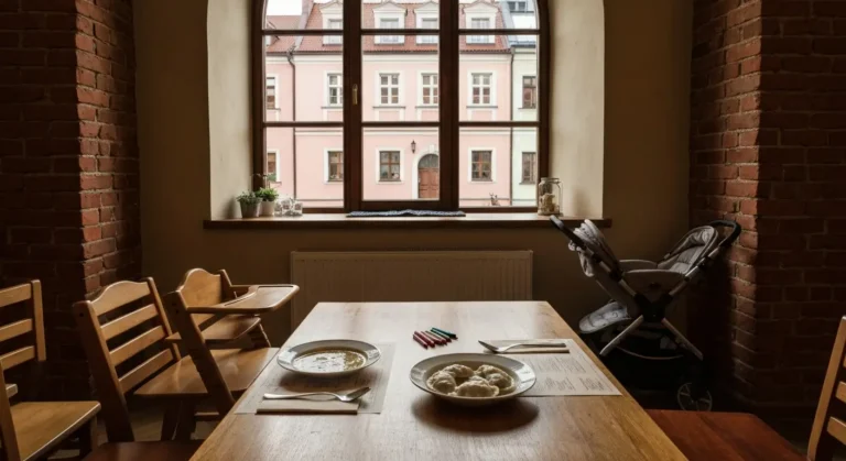 Stolik w rodzinnej restauracji w Radomiu z krzeselkiem dla dziecka i wozkiem przy oknie z widokiem na kamienice