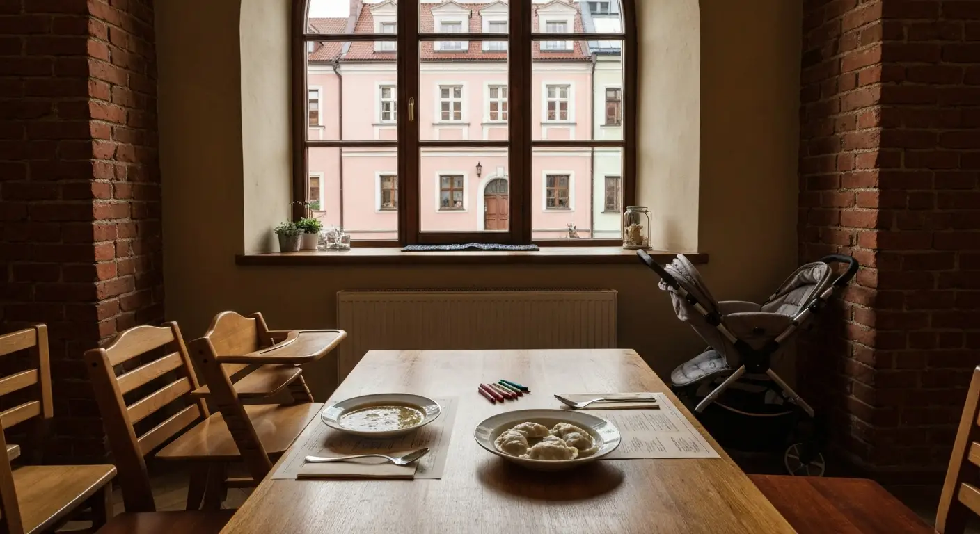 Stolik w rodzinnej restauracji w Radomiu z krzeselkiem dla dziecka i wozkiem przy oknie z widokiem na kamienice