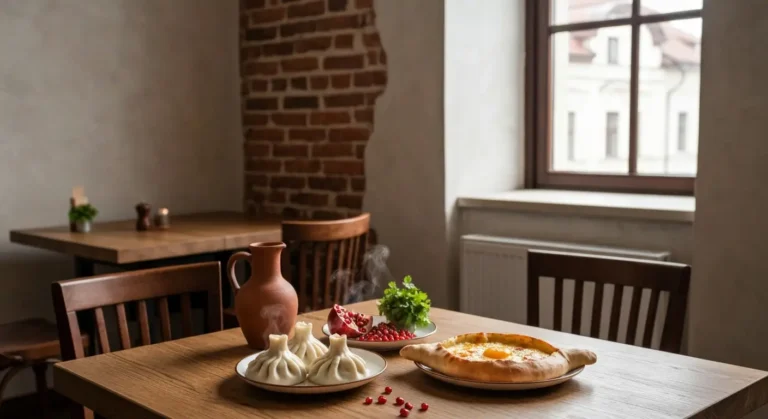 Talerz chinkali i adzarskie chaczapuri na drewnianym stole w gruzinskiej restauracji w kamienicy w Radomiu