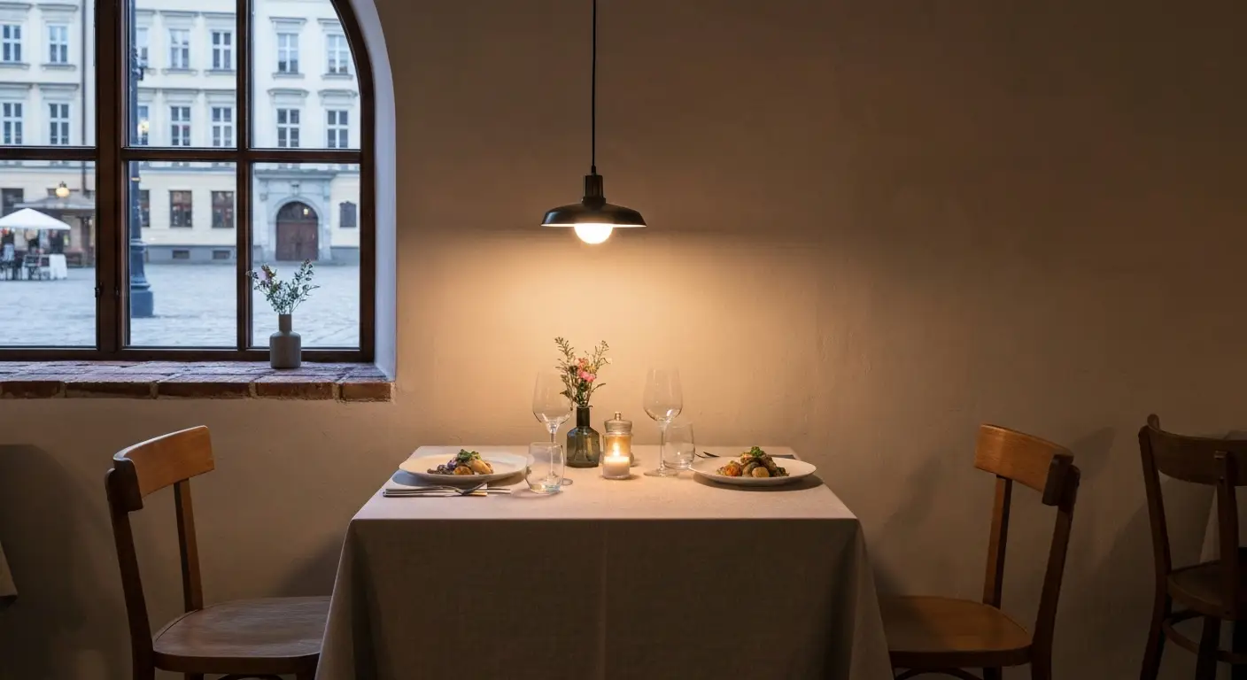 Stolik dla dwojga przy swiecach w kameralnej restauracji w kamienicy w Radomiu, za oknem rynek o zmierzchu