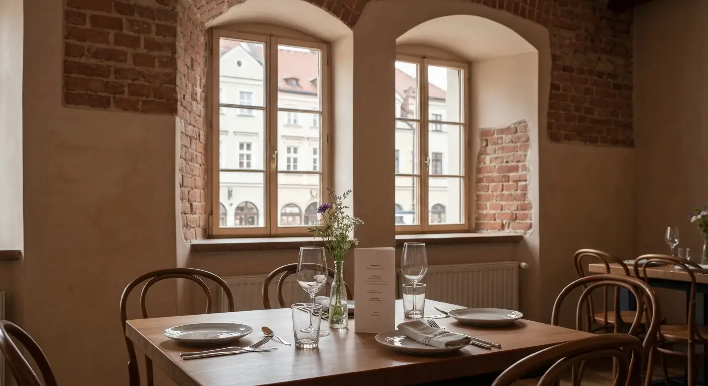 Nakryty drewniany stol w restauracji w zabytkowej kamienicy w Radomiu, w tle okno na brukowany rynek