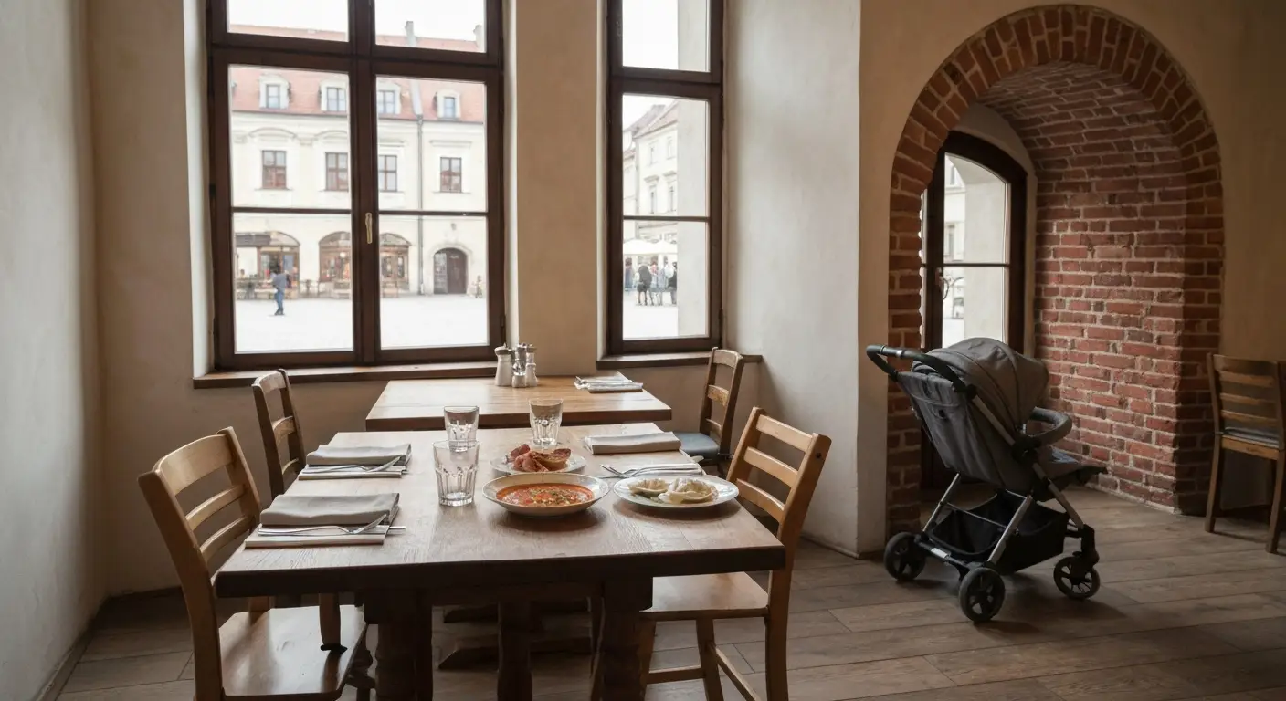 Stolik z krzeselkiem dzieciecym i obiadem w restauracji w zabytkowej kamienicy w Radomiu