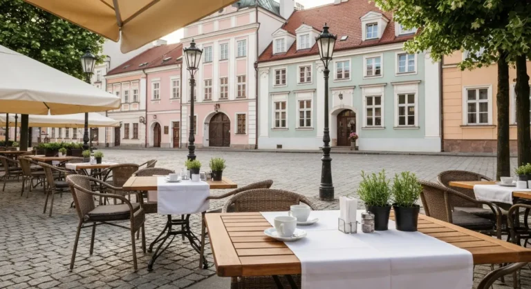 Taras restauracji z drewnianymi stolikami przy zabytkowych kamienicach na rynku w Radomiu