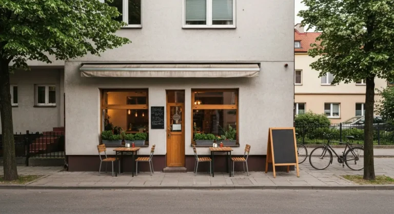 Niewielka osiedlowa restauracja na parterze bloku w Radomiu, stoliki przed lokalem i ciepłe światło w oknach