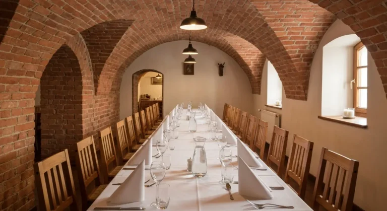 Dlugi nakryty stol dla duzej grupy w ceglanej sali restauracyjnej w kamienicy w Radomiu