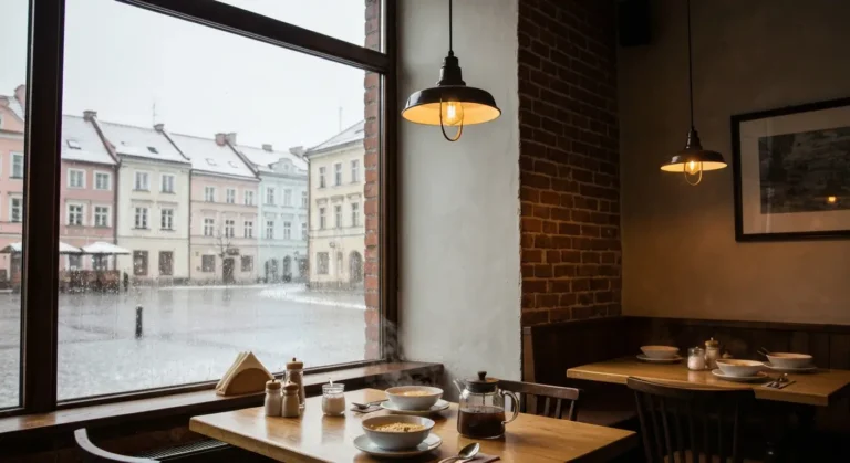 Wnetrze przytulnej restauracji w radomskiej kamienicy, zaparowane okno z widokiem na zasniezony rynek