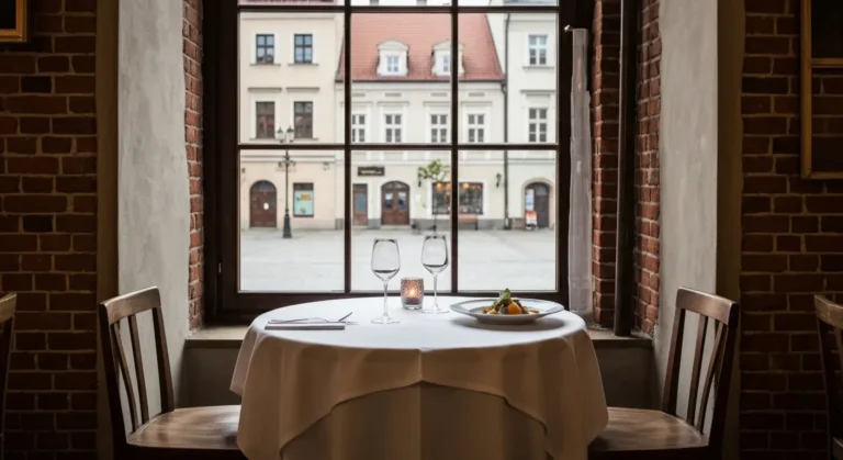 Kameralny stolik dla dwojga przy oknie radomskiej restauracji, kieliszki i swieca, w tle zabytkowe kamienice