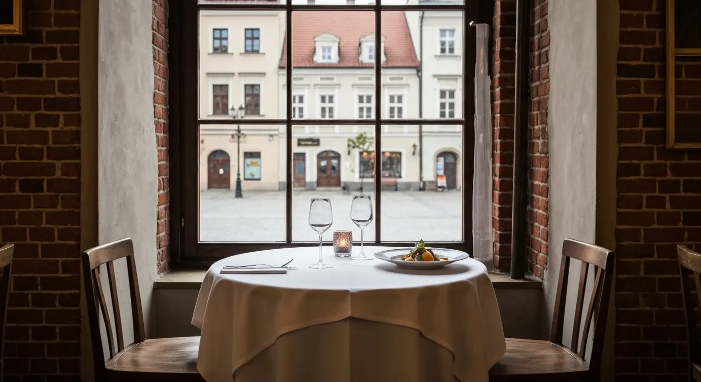 Kameralny stolik dla dwojga przy oknie radomskiej restauracji, kieliszki i swieca, w tle zabytkowe kamienice