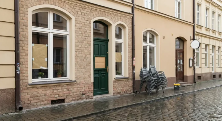 Witryna lokalu gastronomicznego w kamienicy w Radomiu, zamkniete drzwi i pusty taras na brukowanej ulicy