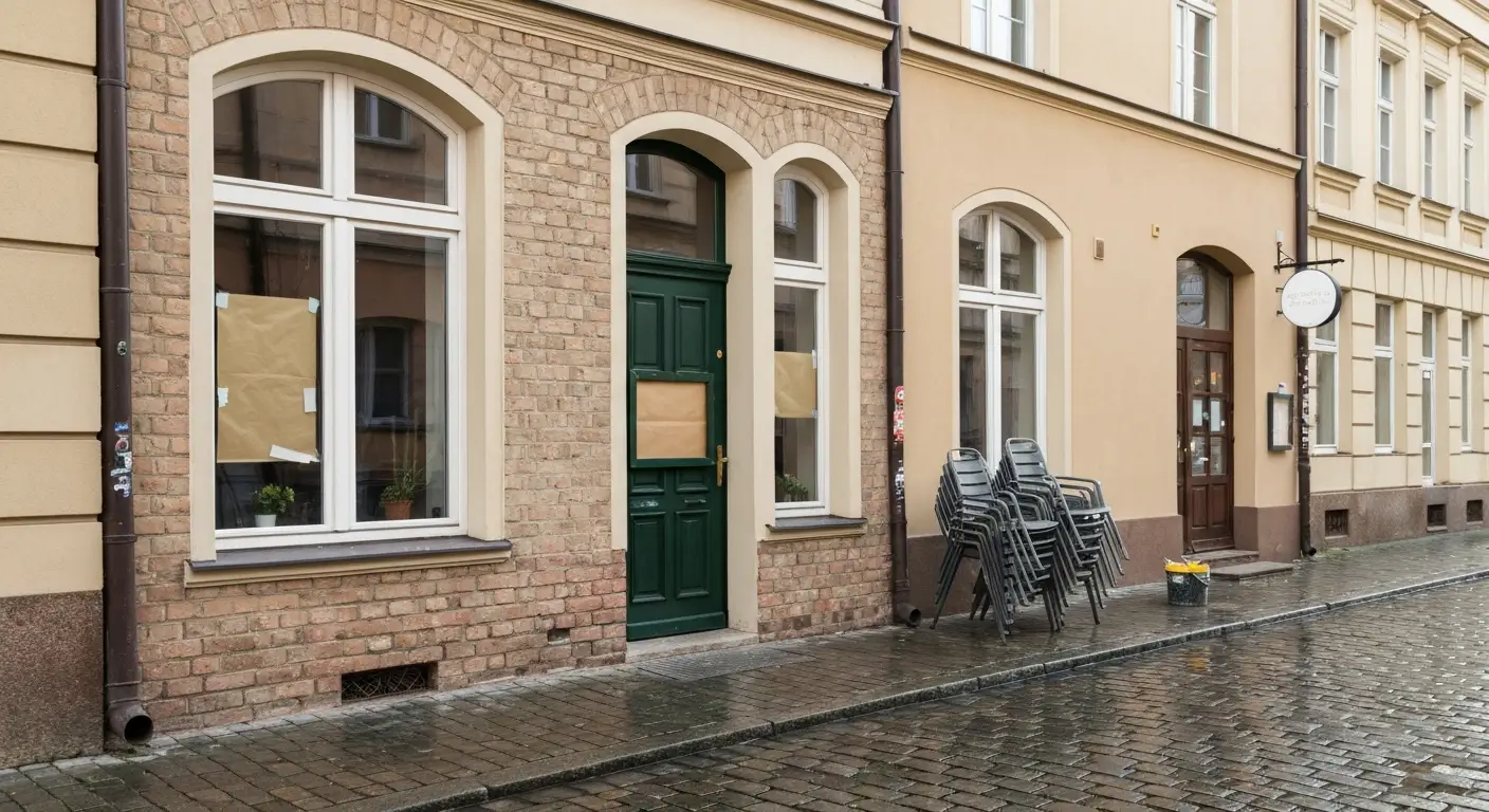 Witryna lokalu gastronomicznego w kamienicy w Radomiu, zamkniete drzwi i pusty taras na brukowanej ulicy