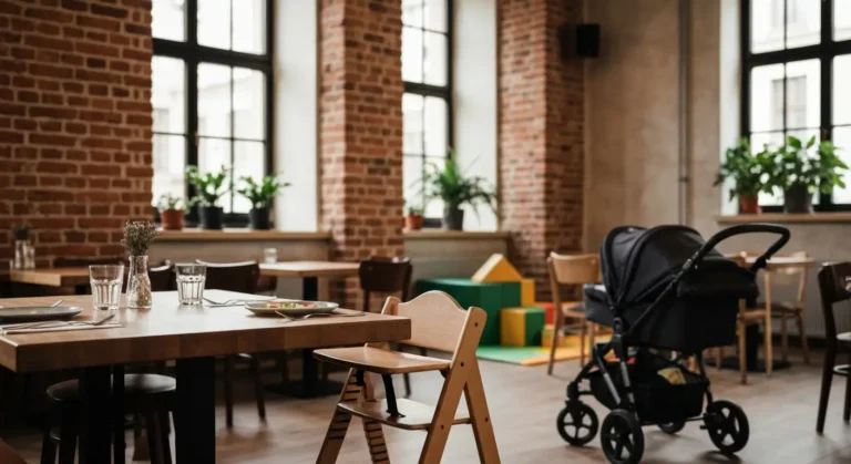 Wnetrze rodzinnej restauracji w Radomiu z krzeselkiem dzieciecym, zlozonym wozkiem i katem zabaw przy oknie kamienicy
