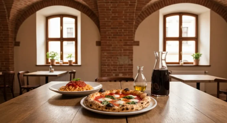 Neapolitanska pizza i talerz makaronu na drewnianym stole we wloskiej restauracji w radomskiej kamienicy