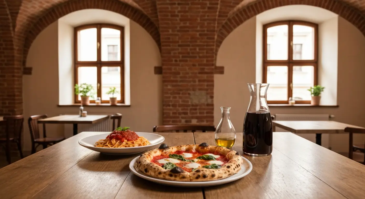 Neapolitanska pizza i talerz makaronu na drewnianym stole we wloskiej restauracji w radomskiej kamienicy