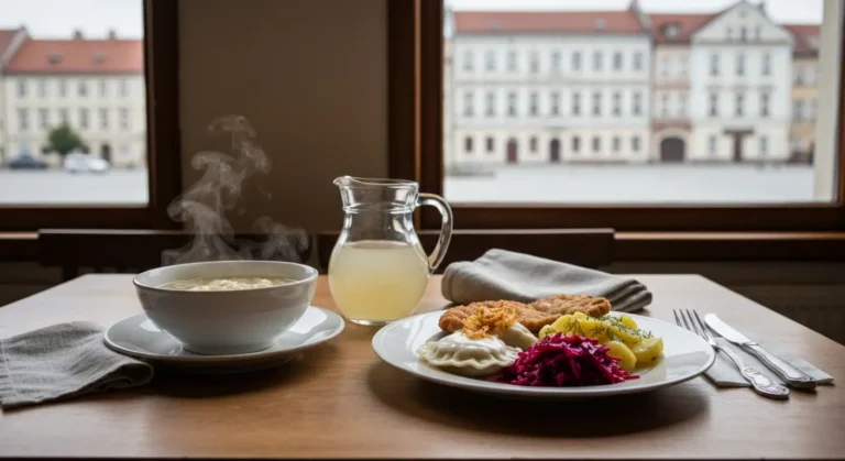 Domowy polski obiad w radomskiej restauracji - rosol, pierogi i kotlet schabowy na drewnianym stole przy oknie