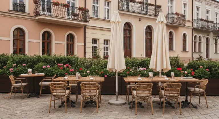 Pusty ogrodek restauracyjny z drewnianymi stolikami i parasolem na bruku przy kamienicach w centrum Radomia