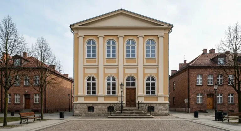 Zabytkowy neoklasycystyczny budynek instytucji kultury w centrum Radomia z arkadowymi oknami i kamiennymi schodami