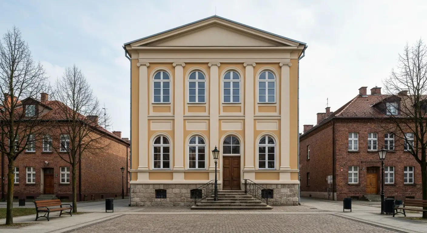 Zabytkowy neoklasycystyczny budynek instytucji kultury w centrum Radomia z arkadowymi oknami i kamiennymi schodami