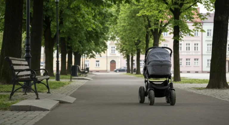 Wozek dzieciecy na rownej alejce w parku w Radomiu, w tle kamienice i lawka