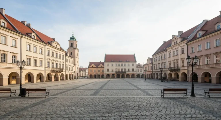 Brukowany rynek w Radomiu z odrestaurowanymi kamienicami i dawnym ratuszem w porannym swietle