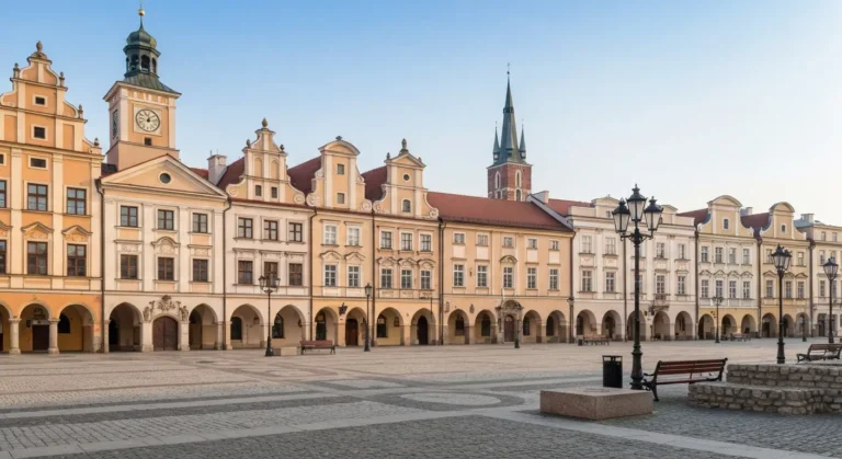 Brukowany rynek w Radomiu z zabytkowymi kamienicami i wieza ratusza w porannym swietle