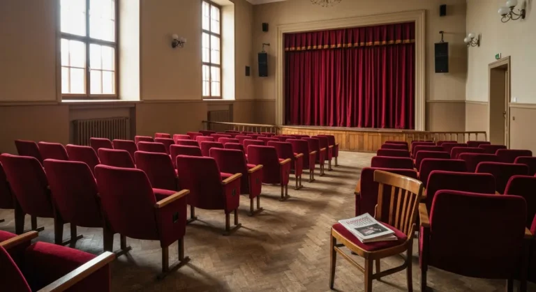 Pusta widownia teatru w Radomiu z czerwonymi fotelami i kurtyna nad niewielka scena