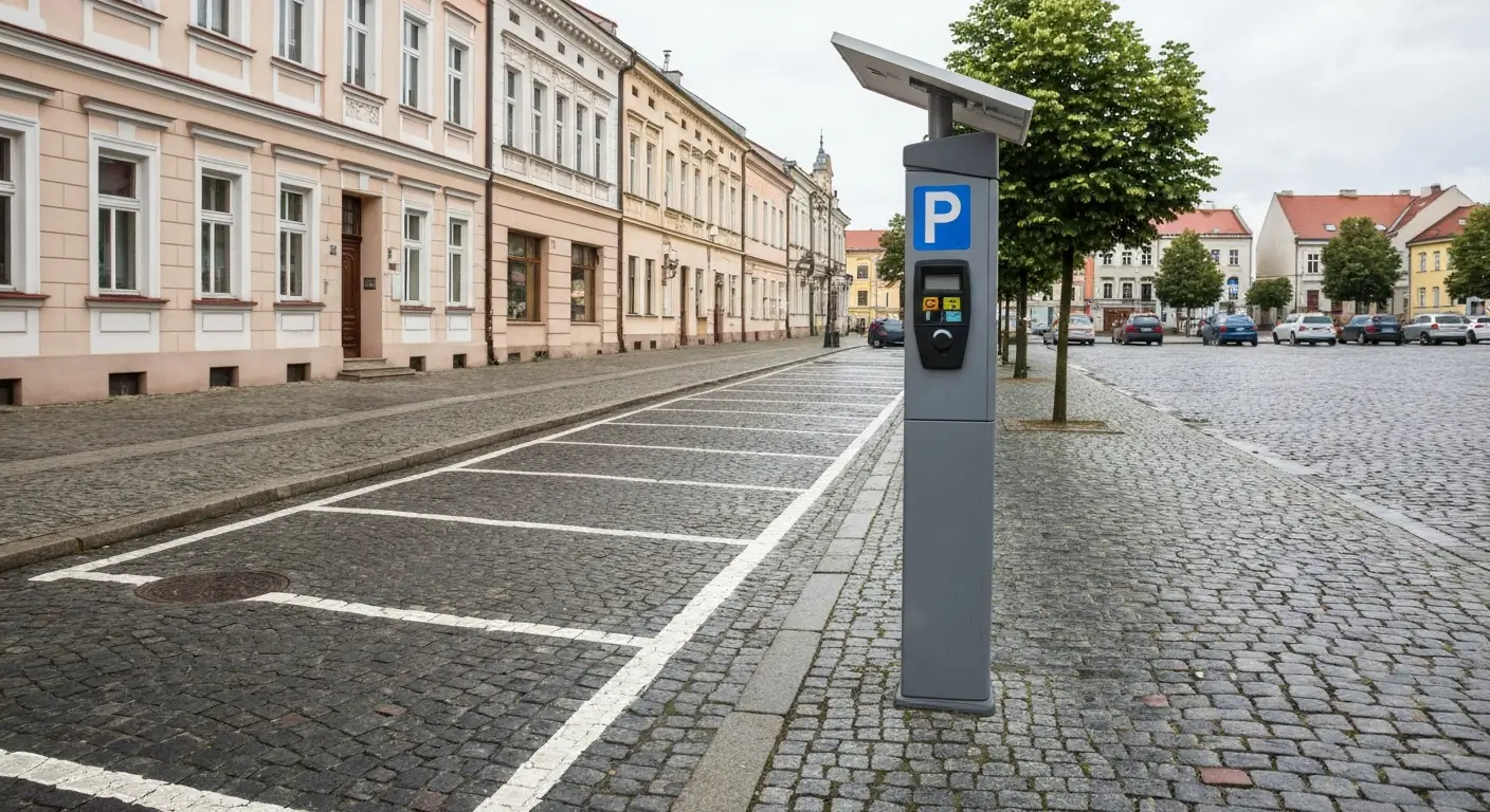 Parkomat i wyznaczone miejsca postojowe przy zabytkowych kamienicach w centrum Radomia
