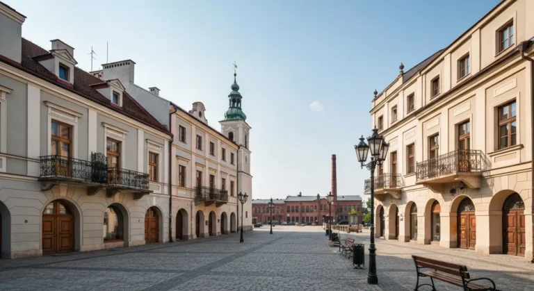 Brukowany rynek radomskiego Starego Miasta z zabytkowymi kamienicami i wieza ratusza, w tle ceglane hale przemyslowe