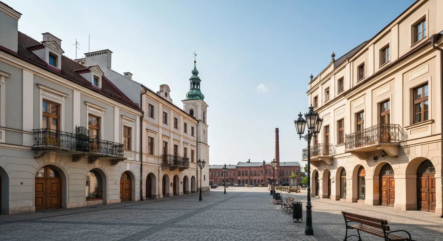 Brukowany rynek radomskiego Starego Miasta z zabytkowymi kamienicami i wieza ratusza, w tle ceglane hale przemyslowe