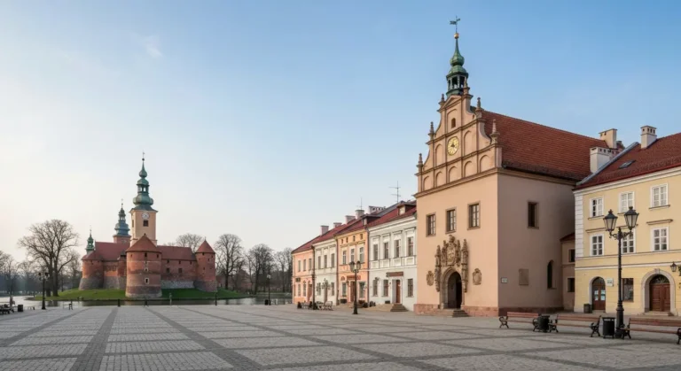 Rynek Wielki w Szydlowcu z renesansowym ratuszem i zamkiem na wyspie w tle