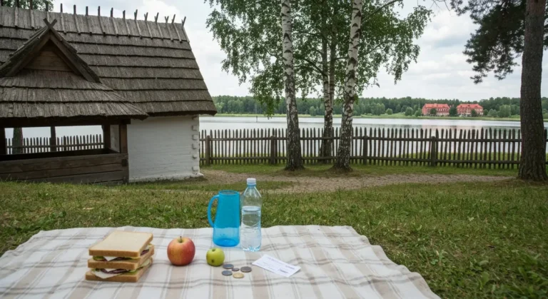 Skansen w Radomiu z drewnianymi chatami i rodzinnym kocem piknikowym z kanapkami i owocami