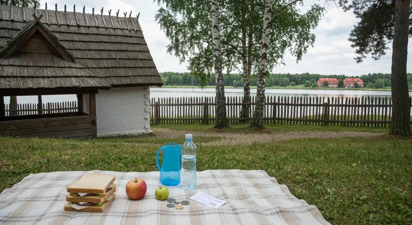 Skansen w Radomiu z drewnianymi chatami i rodzinnym kocem piknikowym z kanapkami i owocami