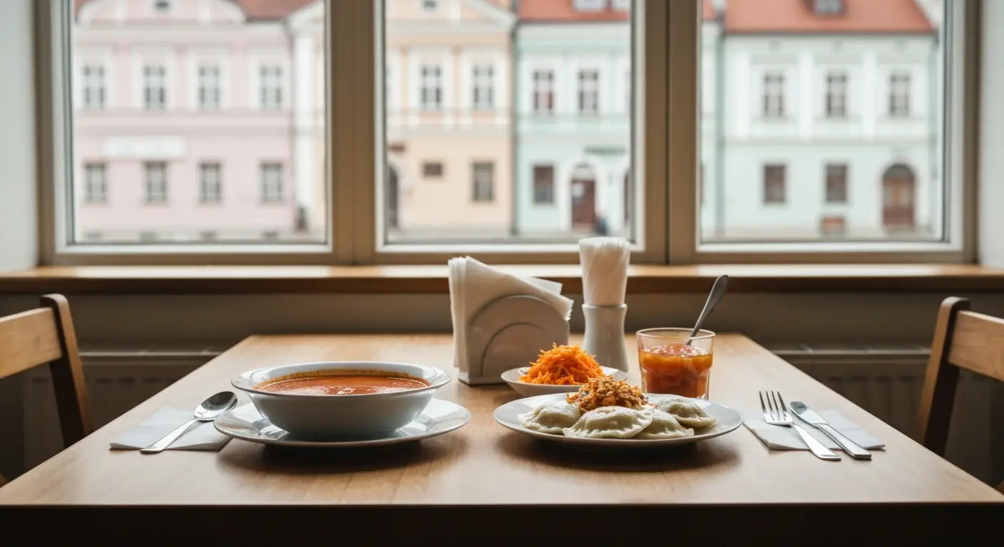 Dwudaniowy obiad z pierogami, zupa i kompotem na drewnianym stole w prostym lokalu w centrum Radomia