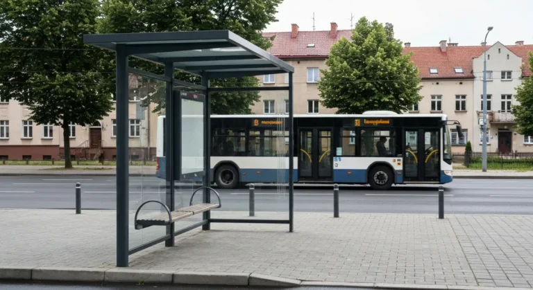 Przystanek autobusowy z wiatą i podjeżdżający autobus miejski na ulicy w centrum Radomia