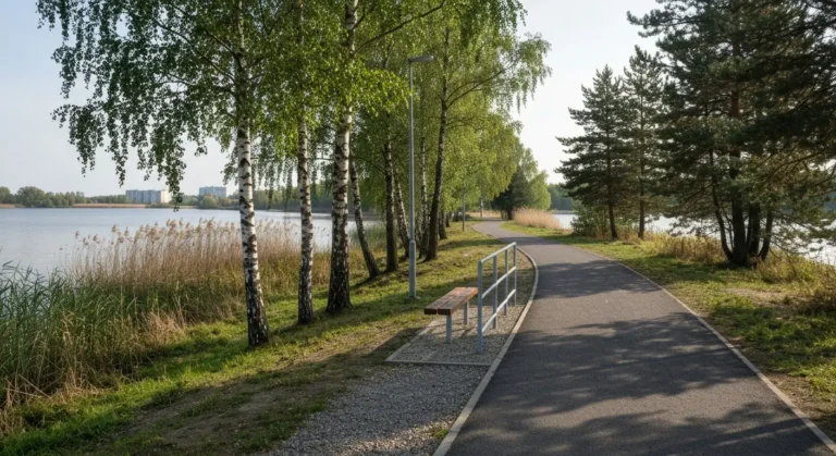 Utwardzona sciezka spacerowa wzdluz brzegu zalewu Borki w Radomiu z lawka i drzewami nad woda