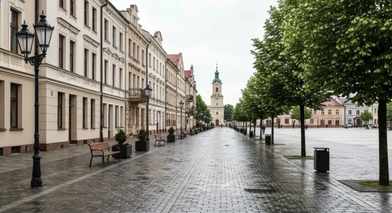 Deptak w centrum Radomia z zabytkowymi kamienicami i latarniami, w tle wieza ratusza przy Rynku