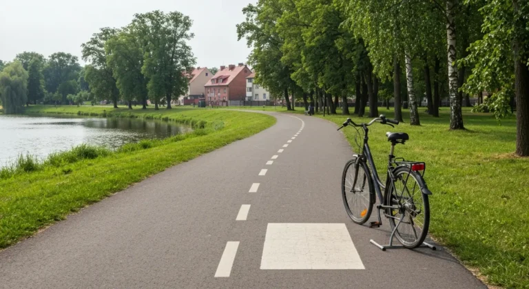 Asfaltowa droga rowerowa w nadrzecznym parku w Radomiu z opartym rowerem miejskim i kamienicami w tle