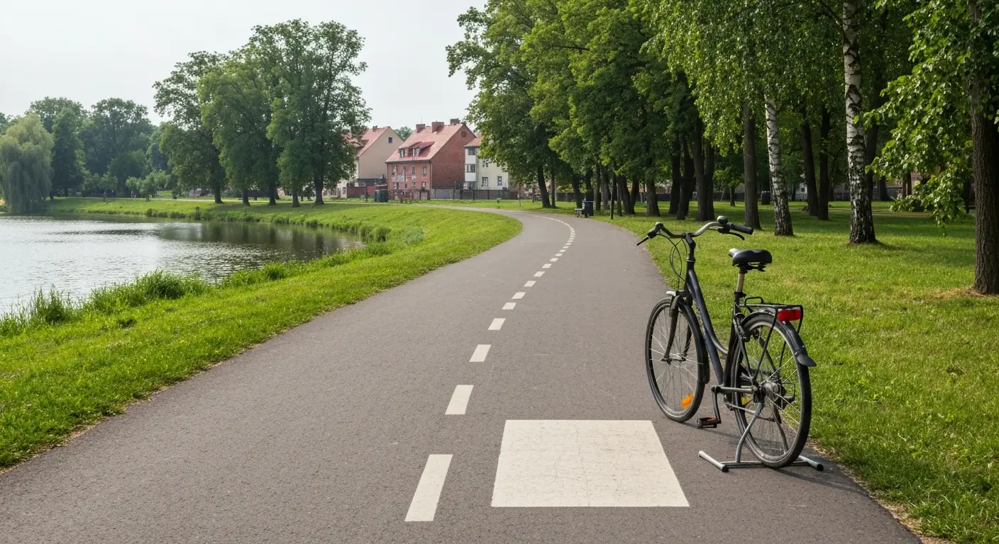Asfaltowa droga rowerowa w nadrzecznym parku w Radomiu z opartym rowerem miejskim i kamienicami w tle