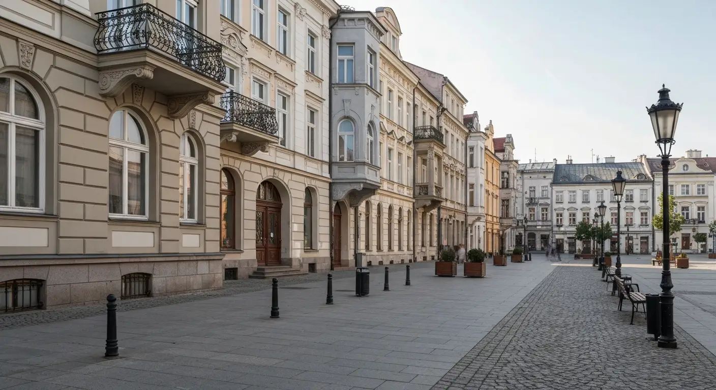Zabytkowe kamienice i granitowa nawierzchnia deptaka w centrum Radomia w naturalnym swietle dnia