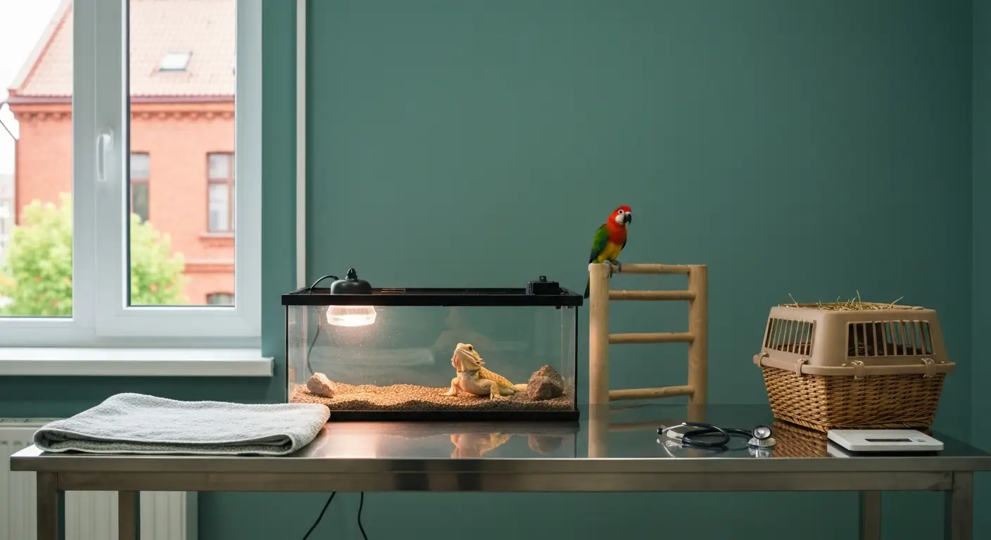 Gabinet weterynaryjny dla zwierzat egzotycznych w Radomiu - stol zabiegowy, terrarium z lampa UVB, zerdka dla papugi i t