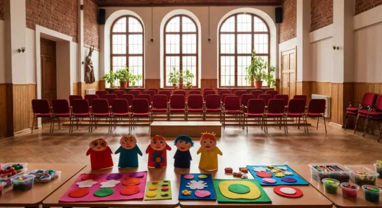 Sala warsztatowa w radomskiej kamienicy z drewnianą sceną, rzędami krzeseł i stolikami z materiałami plastycznymi dla dz