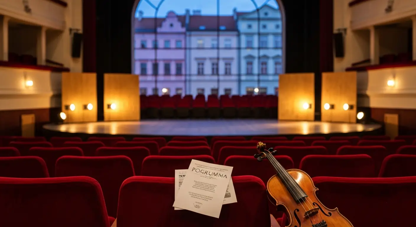 Oswietlona scena teatralna w Radomiu z rzedami czerwonych foteli i skrzypcami, w tle kamienice starego rynku o zmierzchu