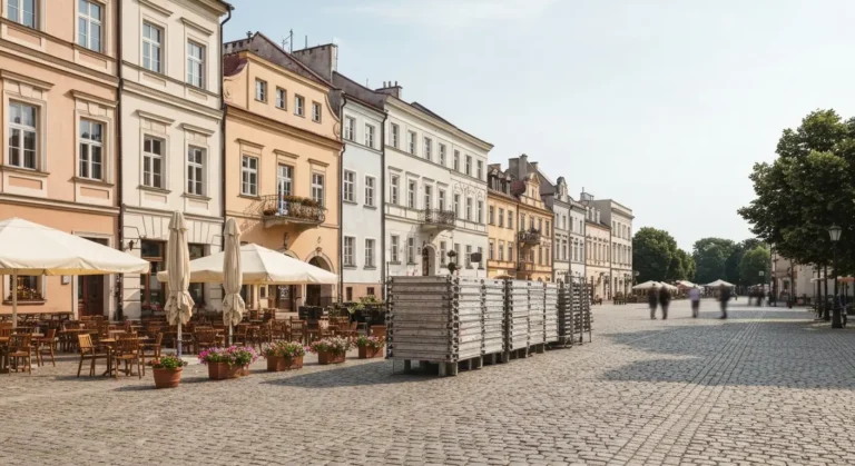 Rynek w Radomiu w letni weekend - zabytkowe kamienice, bruk i przygotowania do plenerowego wydarzenia