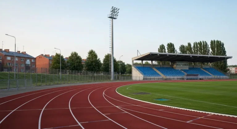 Bieznia i trybuny miejskiego stadionu w Radomiu w letni poranek