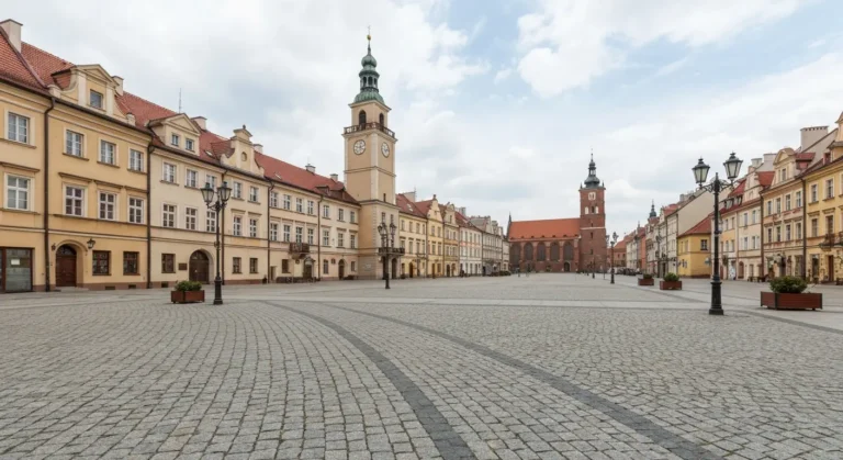 Rynek w Radomiu z klasycystycznym ratuszem, wieza zegarowa i kamienicami Starego Miasta o poranku